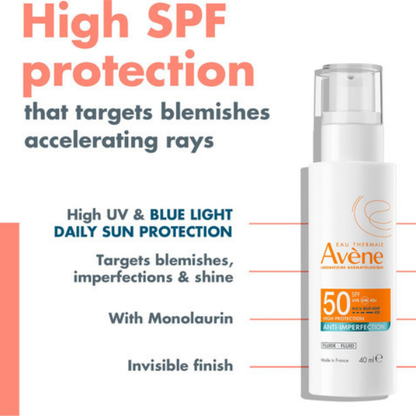 תחליב הגנה קליל מהשמש SPF 50 לעור עם פצעונים 40 מ"ל - Avene