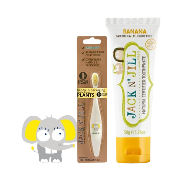 מארז משחת שיניים טבעית לתינוקות בטעם בננה + מברשת שיניים בעיצוב פיל | Jack And Jill