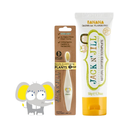 מארז משחת שיניים טבעית לתינוקות בטעם בננה + מברשת שיניים בעיצוב פיל | Jack And Jill