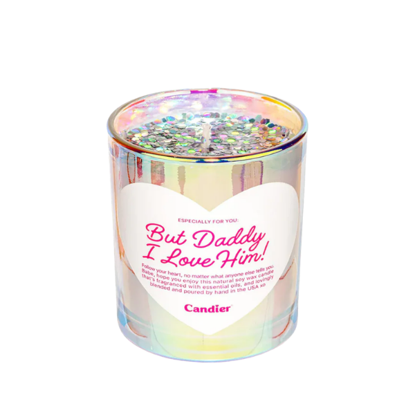 נר סויה 'But Daddy I Love Him!' בעיצוב נצנצים כסופים 255 גרם - Candier