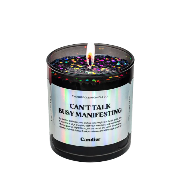 נר סויה 'Can't Talk Busy Manifesting' בעיצוב נצנצים שחורים 255 גרם - Candier
